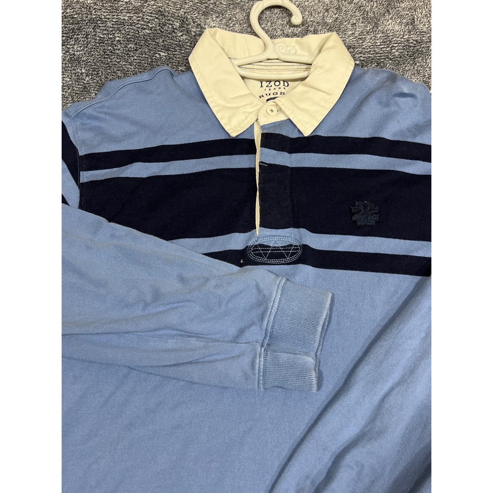 Izod Jeans Rugby Shirt Mens Large Blue Striped Long Sleeve Cotton Polo
